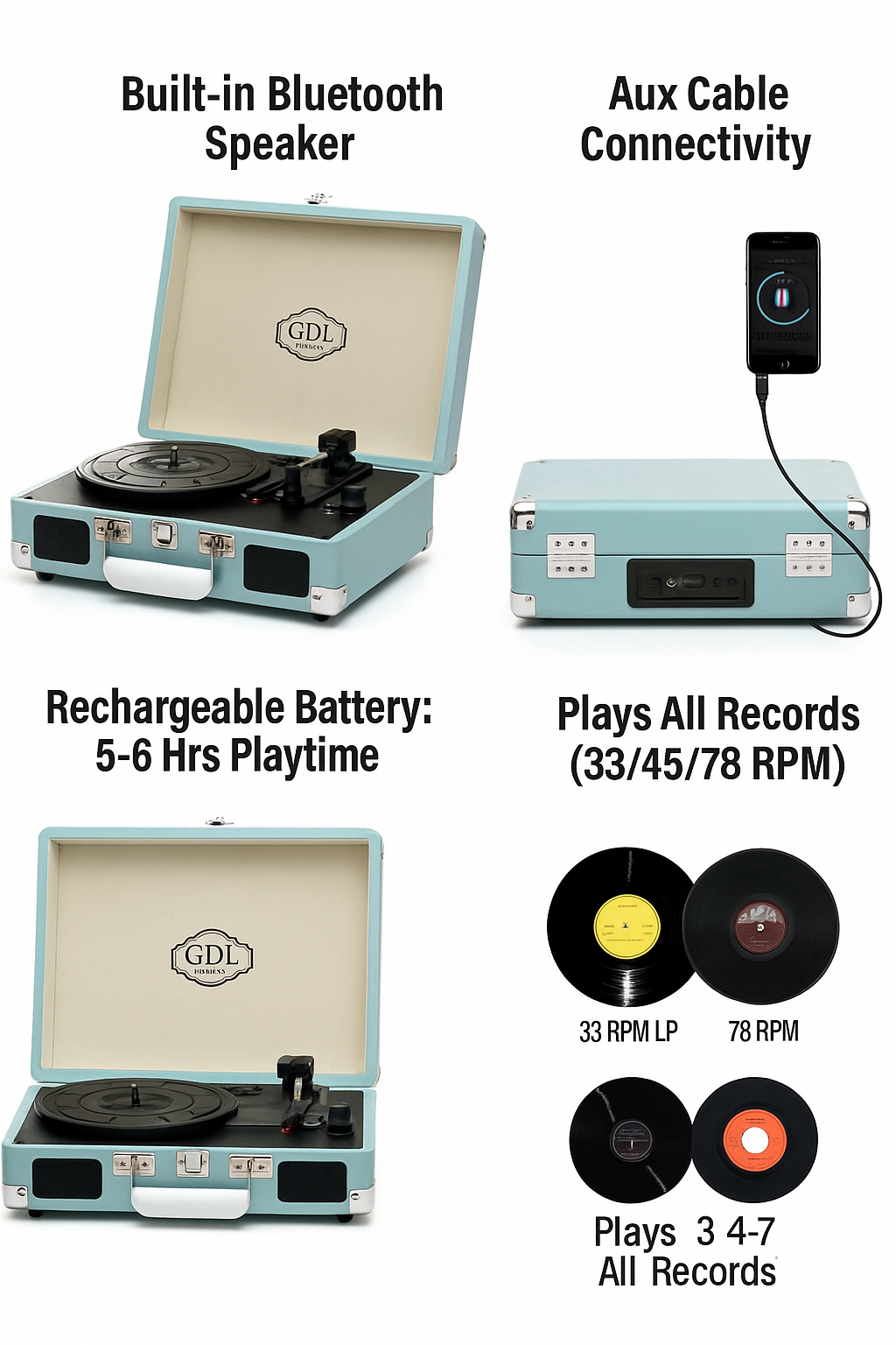 Tocadiscos portátil recargable con altavoces incorporados